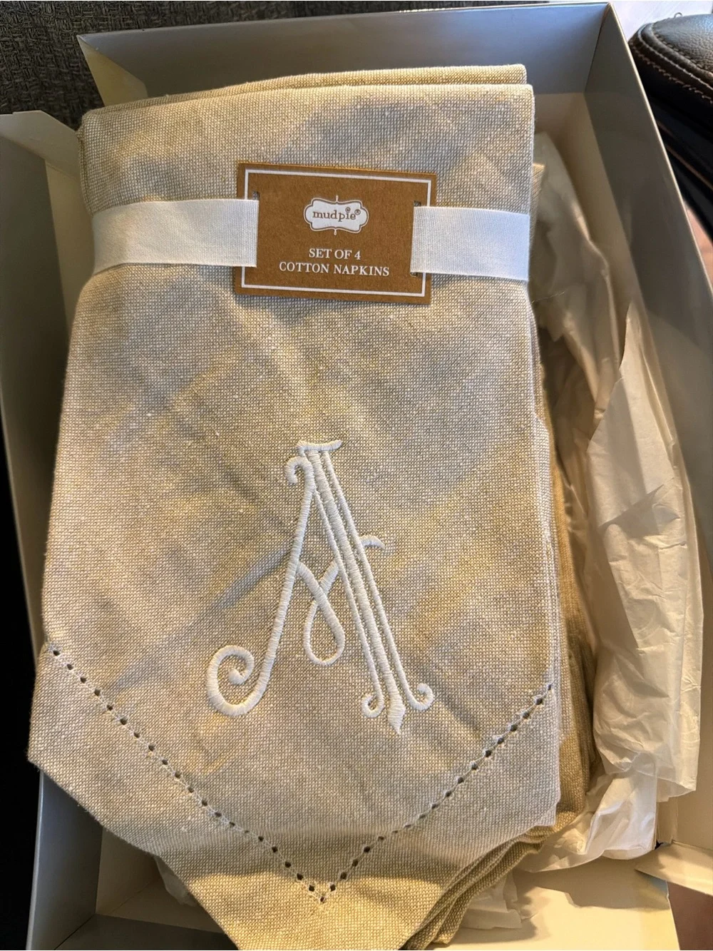12 Mud Pie Beige Cotton Napkins with White Monogram